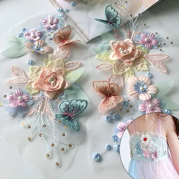 1 db Hímzés 3D Virágos Pillangó Csipke Rátét Javítás Kényes Gyöngy, Csipke Esküvői Ruha, Dekoráció, Varrás DIY Tartozékok