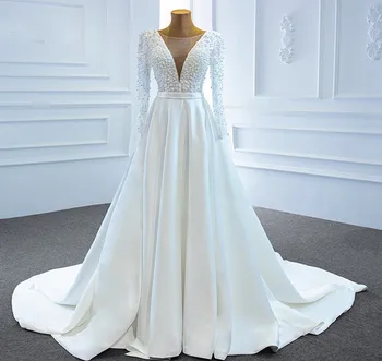 2024 Egy-line arab Esküvői Ruha Gyönyörű Gyöngy Hosszú Ujjú Egy Vonal Menyasszonyi Ruhák V-Nyak Gyöngyök Fűző Vestidos De Novia