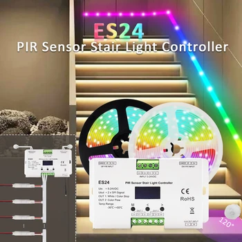 ES24 PIR Mozgásérzékelő LED Lépcső Fény Vezérlő DC 5-24V 24CH 1A Lépcsőház Világítás Vezérlő Egyetlen Szín RGB Pixel Szalag