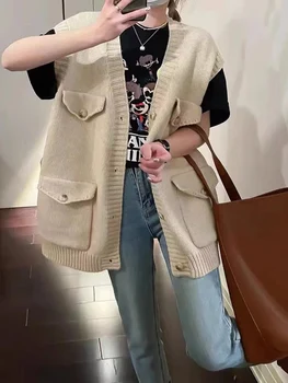 Elegáns Kötött Mellény a Nők Streetwear koreai Divat Vintage Kabátok Laza Szilárd V-Nyak 2023 Új Őszi Téli Kabát