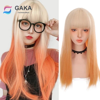 GAKA Hosszú, göndör haj hullám narancssárga szín blokkoló paróka női hőálló szintetikus rost paróka cosplay Lolita