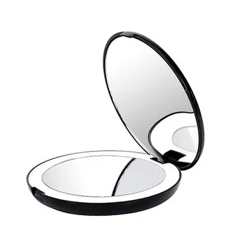 Hordozható Összecsukható Tükör LED Smink Tükör, 10X-es Nagyító, 12 Lámpa Gyöngy Mini Tükör Fekete