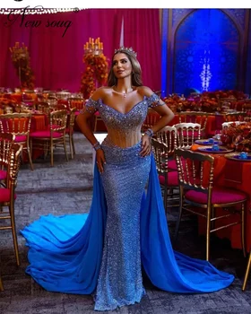 Kék Peremezés Estélyi Ruha, Hosszú Vonat Arab Dubai Sellő, Báli Ruha, Egyedi Luxus Kristályok Party Ruha Vestido De Noche