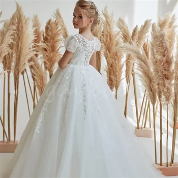 Luxus Fehér Csipke Appliqués Virág Lány Ruhák Esküvők Ujjatlan Szülinapi Este Fél Elsőáldozó Ruhák
