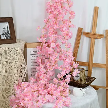 Művirág Cseresznyevirág Rózsaszín Szőlő Falra Hamis Virág Dekoráció, Esküvői Kellékek Rattan Garland Lakberendezés