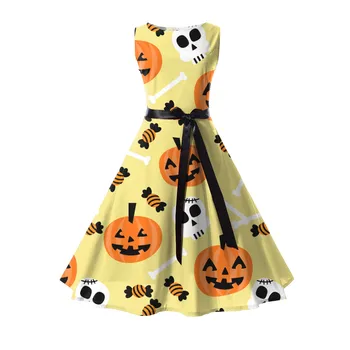 Női Halloween Rajzfilm Nyomtatási Ujjatlan V-Nyak Alkalmi Halloween Dress Nagy Szegély