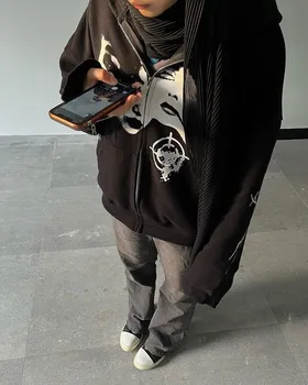Portré Minta Nyomtatás Kapucnis Férfi Divat Zip Hosszú Ujjú Túlméretezett kabát Kabát Harajuku Gót Kapucnis Pulóver Y2K Póló Ruházat