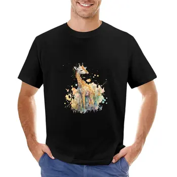 Safari állat, zsiráf, akvarell T-Shirt-T-shirt rövid, sima, fekete póló férfi