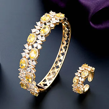 Zlxgirl Vegyes Színes Köbméter Cirkon Esküvői Karkötő, gyűrű Ékszer szett Luxus Trendi Szaúd-Arábia Karkötő Gyűrű, menyasszonyi kiegészítő,