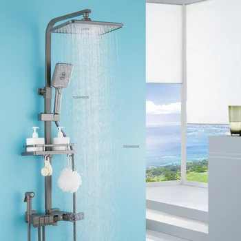 szürke Termosztatikus Digitális Kijelző mosdó csaptelep zuhany készlet Falra szerelhető zuhanyzó rendszer fürdőkádban Csapadék Zuhany Spray Polc