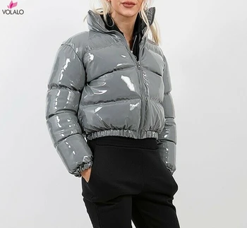 Őszi Téli Női Fényes PU Puffer Kabátok Meleg Buborék Kabát télikabátot Outcoat dzsekis Rózsaszín Cuki Vágott Kabát XXL